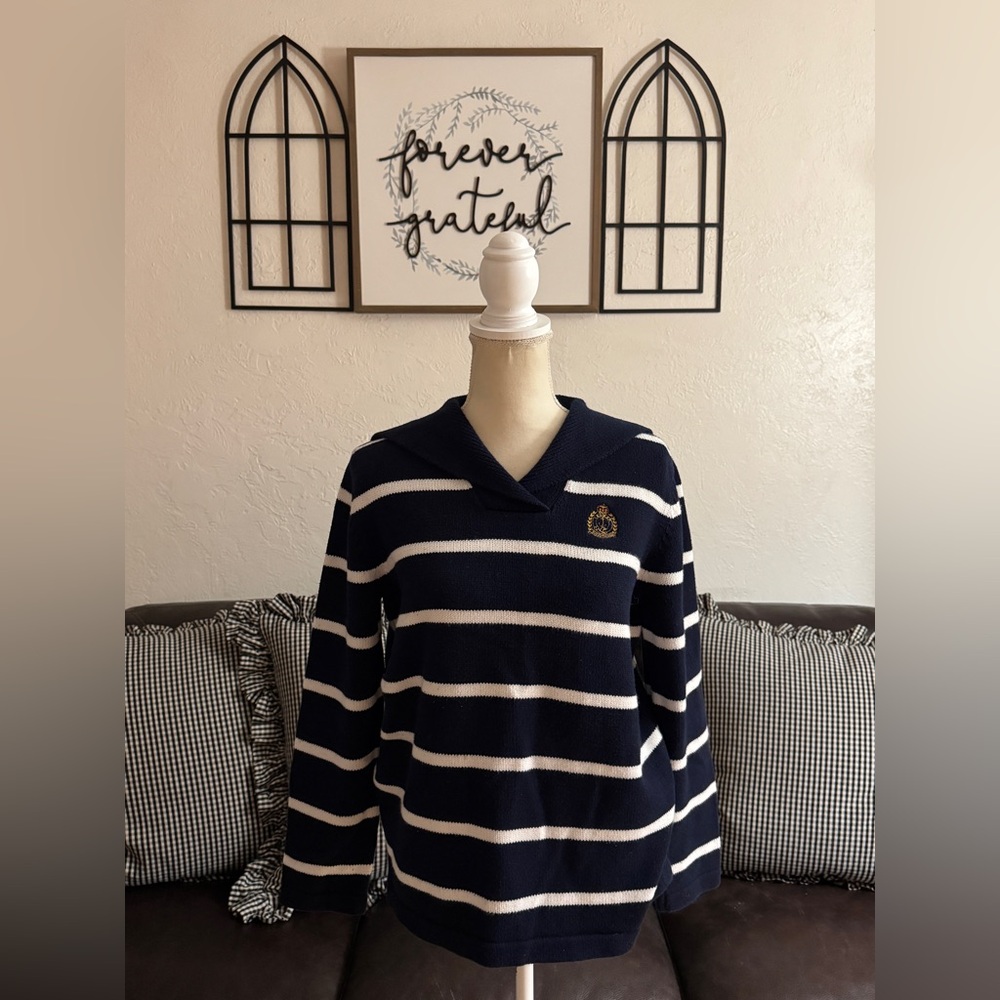 Lauren Ralph Lauren Women Sweater Nautical Emblem Navy Blue White Stripes Sz PM - Picture 13 of 15